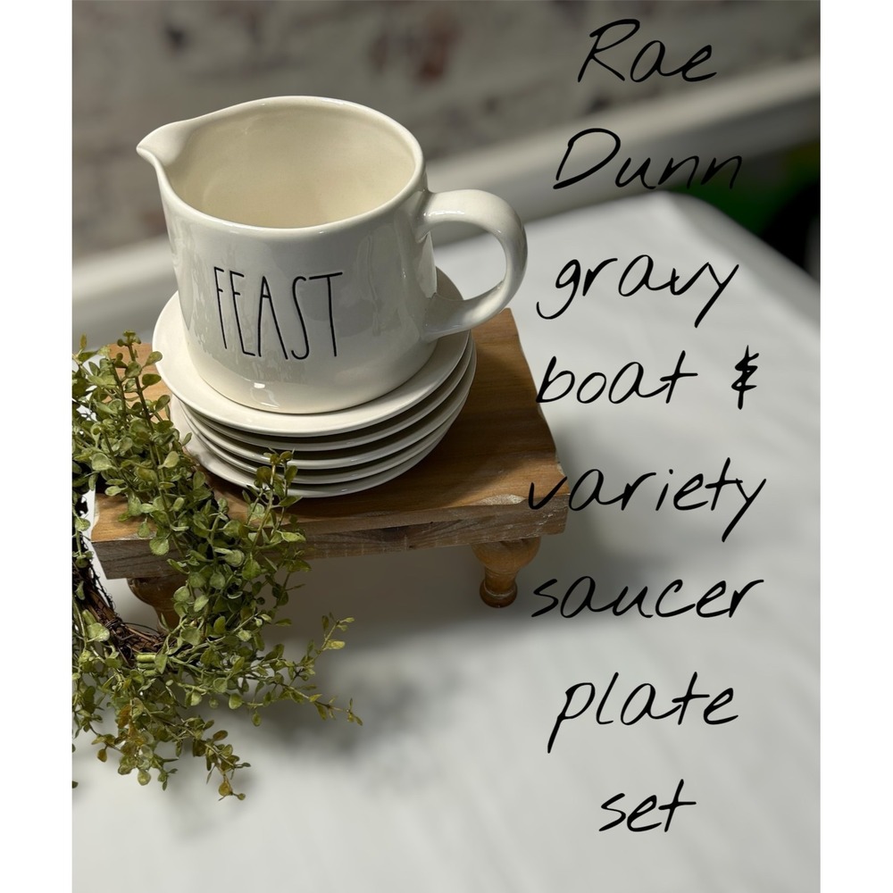 Rae Dunn FEAST Gravy Boat Bowl w/ 6 Appetizer Plates, Easter, Halloween & Happy
